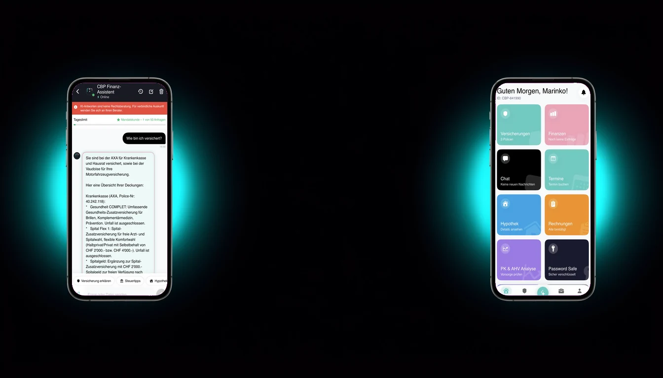Die CBP Finance App: links der KI-Chat mit einer Antwort zur eigenen Police, rechts die Übersicht mit Versicherungen, Finanzen und Vorsorge.